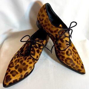 MARC FISHER Sz 8 Leopard Print Lace-Up Brogues Pony Hair Pointy Toe Shoes